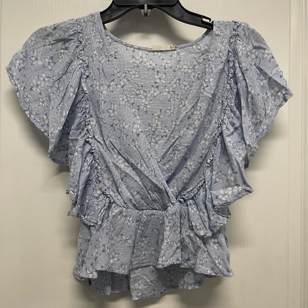 ILLA ILLA Light Blue Floral Wrap Blouse- Size S